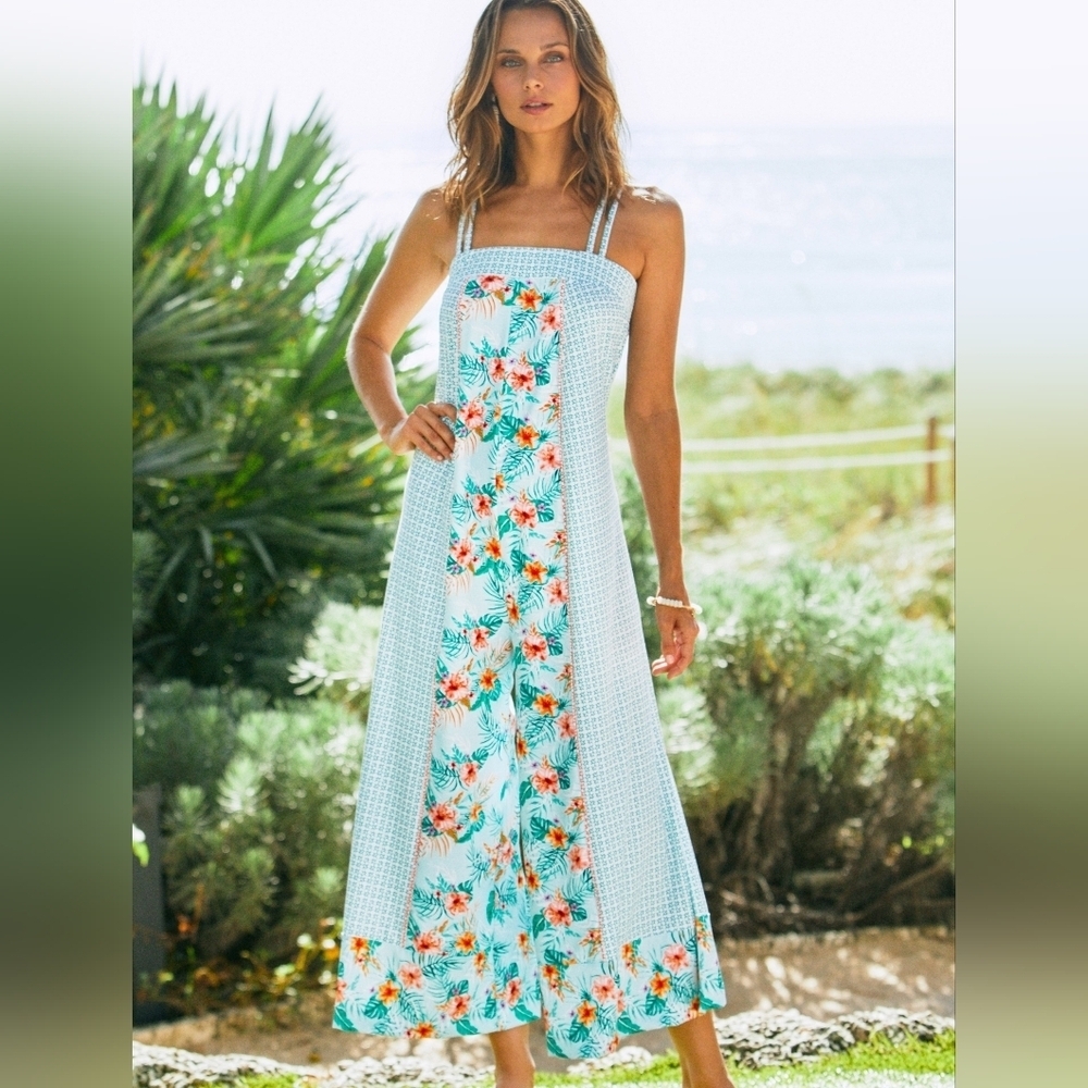 Cabana Life Palazzo Romper/Silhouette Jumpsuit/Green-Floral Cayman- UPF 50+